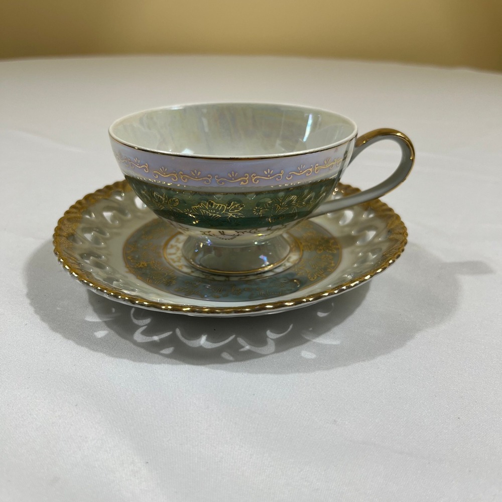 Vintage Lusterware Teacup Saucer Set Green Gold Iridescent Reticulated Heart 6"